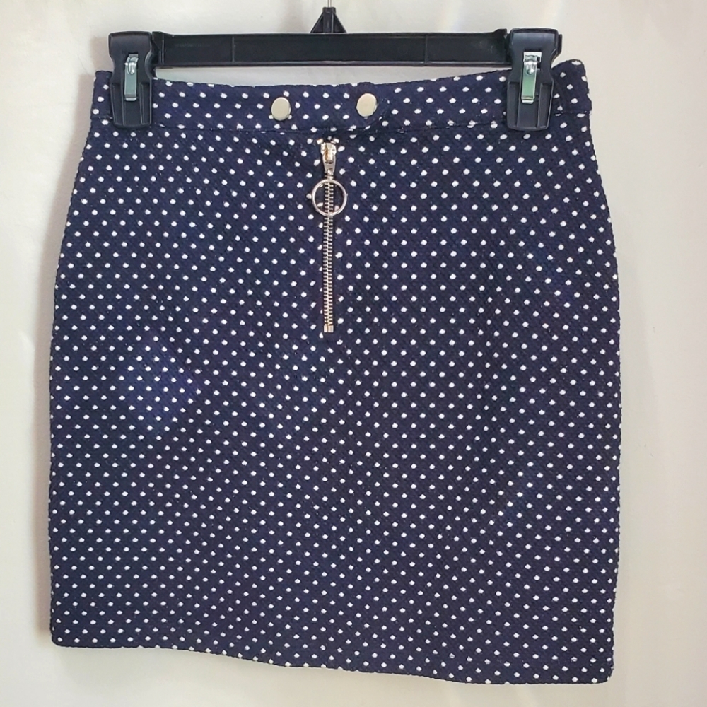 TOPSHOP NAVY BLUE POLKA MINI SKIRT WITH ACCENT ZIPPER